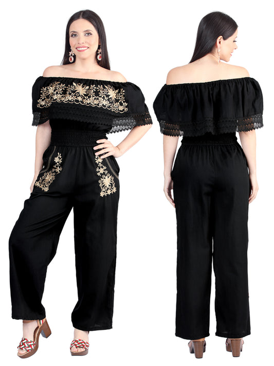 Artisanal Embroidered Jumpsuit 100% Cotton Black 603965