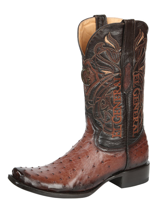 El General Men's Exotic Ostrich Leather Cowboy Boots - Brown  45516