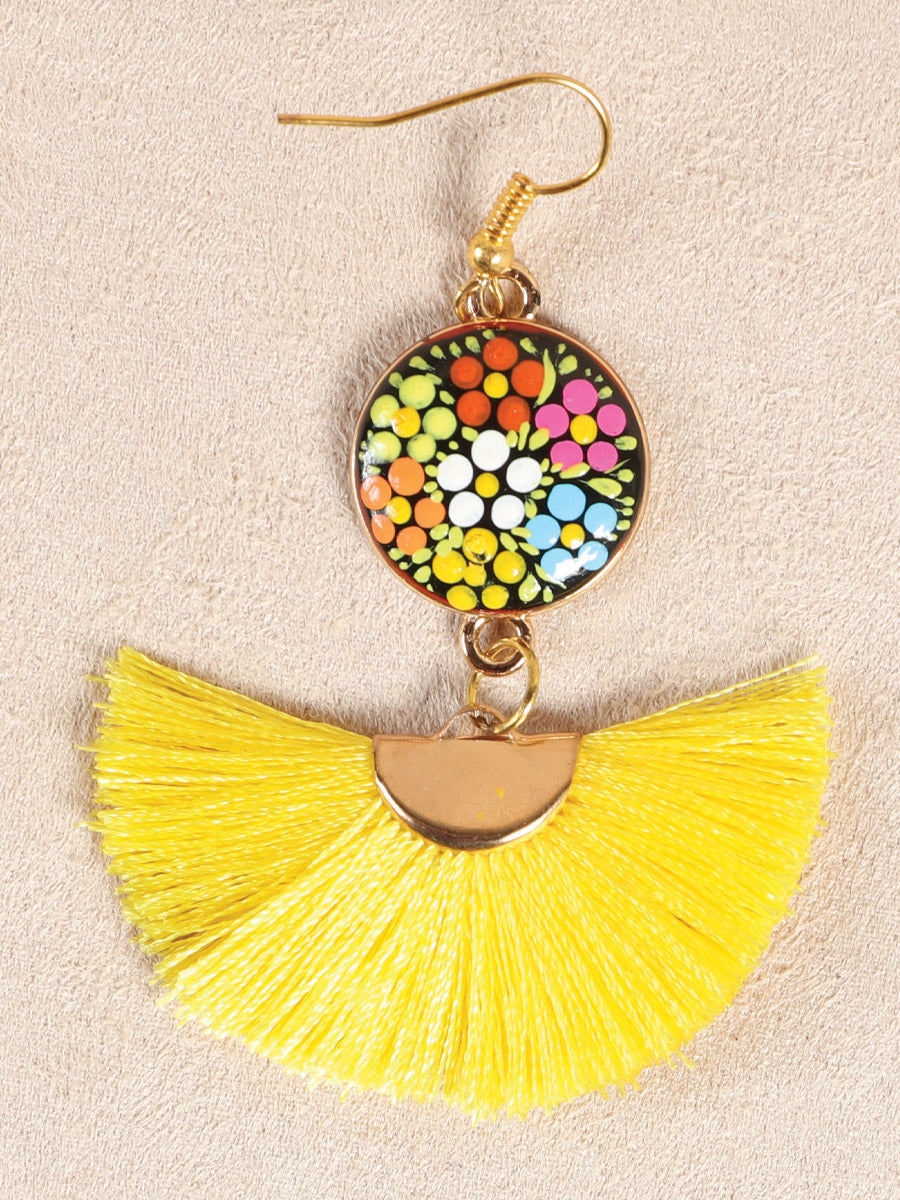 Artisanal Hand Painted Earrings Wood-Silk Thread Yellow 602174